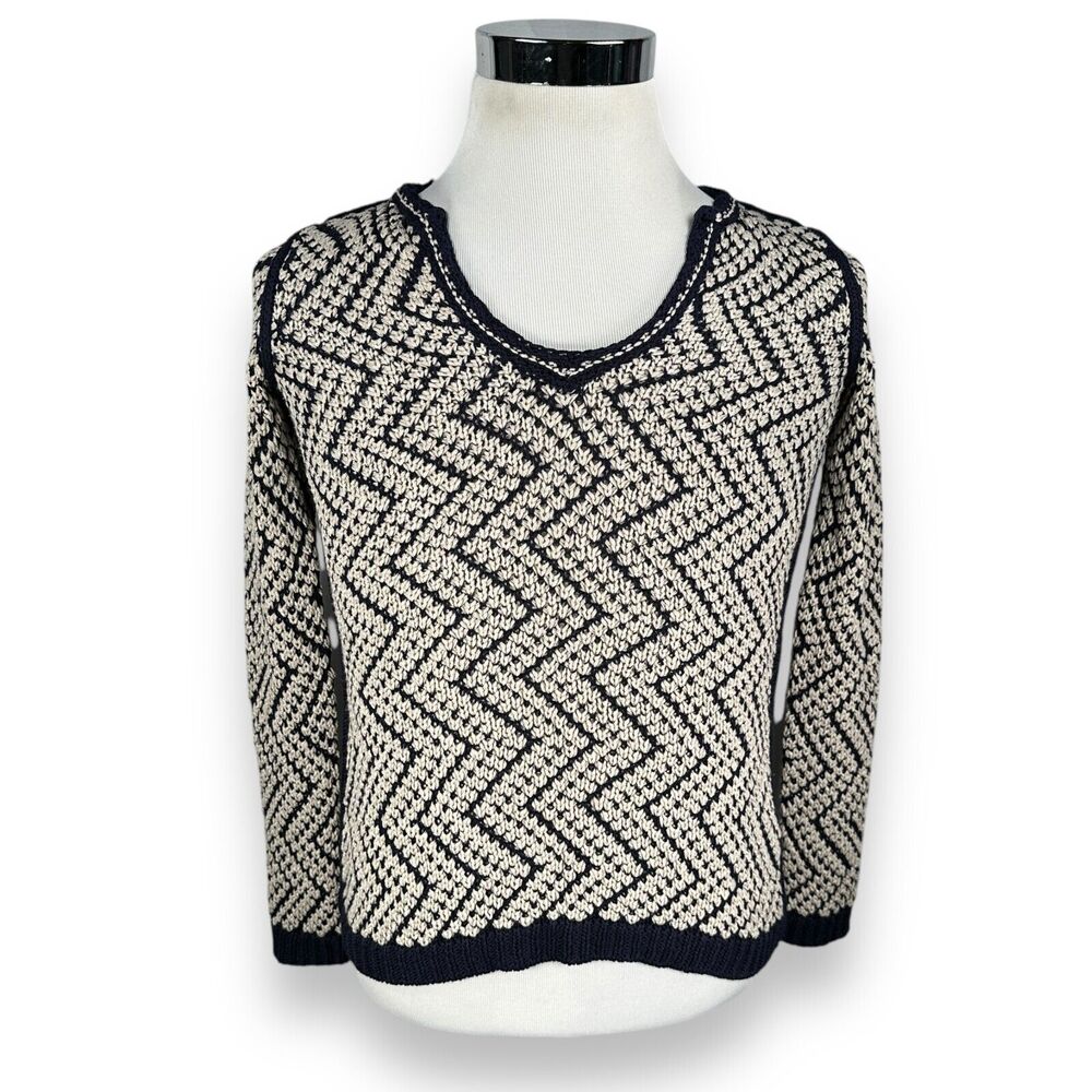 Tory Burch Crochet‎ Tunic Sweater Womens XS Navy Beige Zig Zag V-Neck Knit Rayon